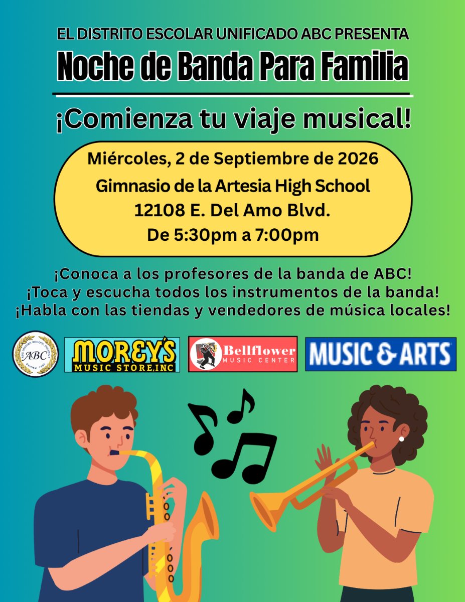 spanish flier for family band night 5:30-7:30 artesia high school